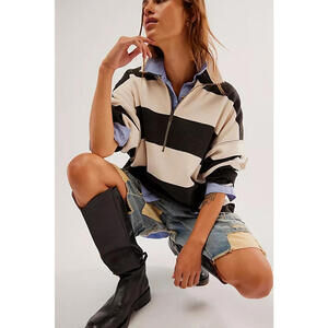 FREE PEOPLE COASTAL STRIPE PULLOVER TOP Carbon Champagne SIZE S  $148MSRP